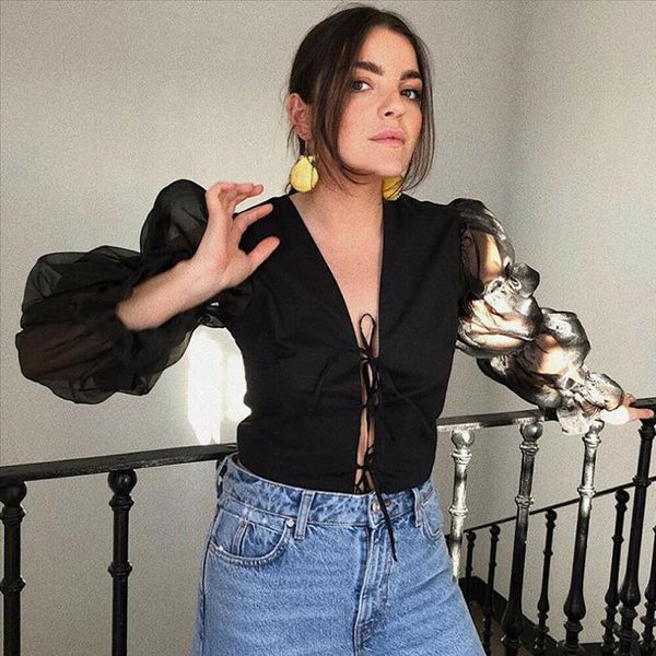 

women mesh sheer blouse v neck see through long puff sleeve shirt blouse lace bandage transparent shirt female blusas, White