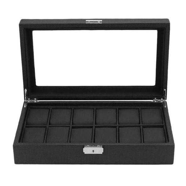 

luxury /10/12 grids watch box carbon fibre pattern storage box watch display slot case storage organizer holder container, Black;blue