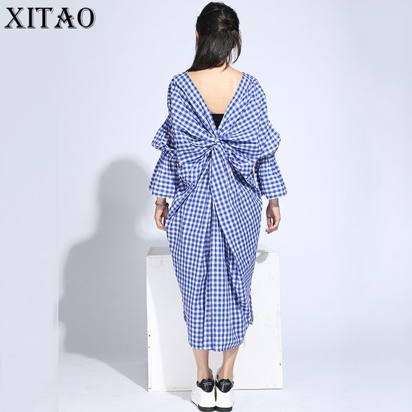 

xitao backless plus size maxi dress elegant women irregular plaid v neck flare sleeve back bow korean summer long dress hjb-020, Black;gray