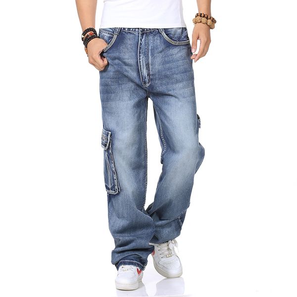

male hip hop baggy cargo jeans mens straight loose fit jeans for men blue denim pants with side pocket biker wide leg male