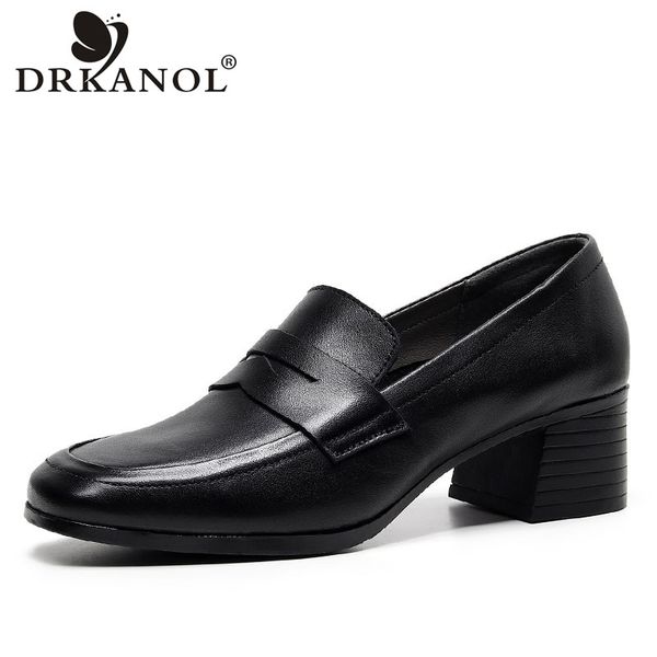 

drkanol classic genuine leather pumps women slip on high heel shoes female autumn british style thick heel leather shoes black