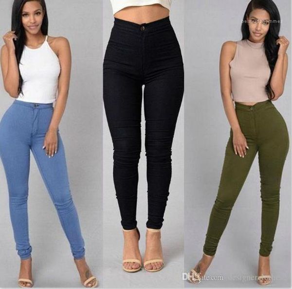 

jeans fashion candy colors pencil pants casual skinny zipper high waist trousers women clothing women desihner washed, Blue