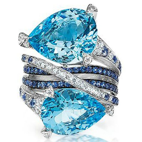 

6 style size 5-12 shinning two water drop sky blue crystal ring luxury women's fashion red blue clear stone bijoux, Golden;silver