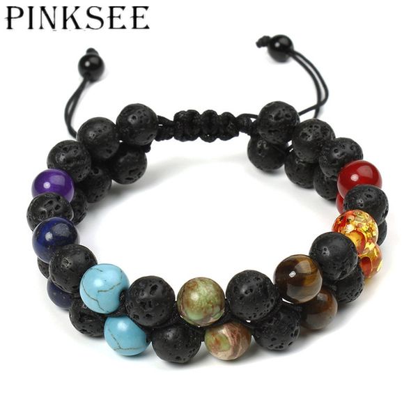 

pinksee classic 8mm colorful natural stone bead weave bracelet for women men double layers adjustable jewelry gifts, Black