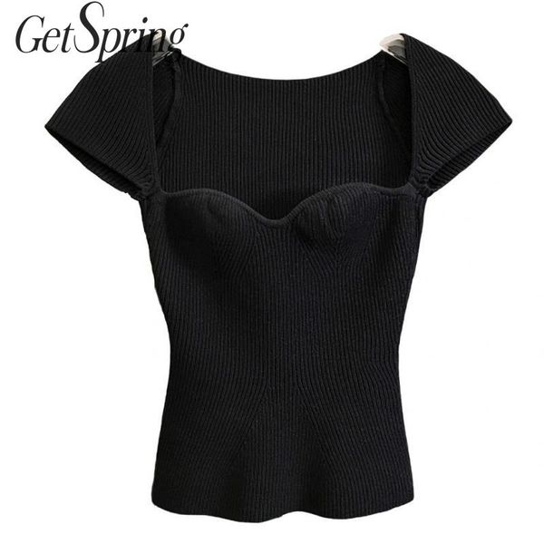 

getspring women sweater square collar short sleeve pullovers women sweaters black white casual all match knitting 2020, White;black