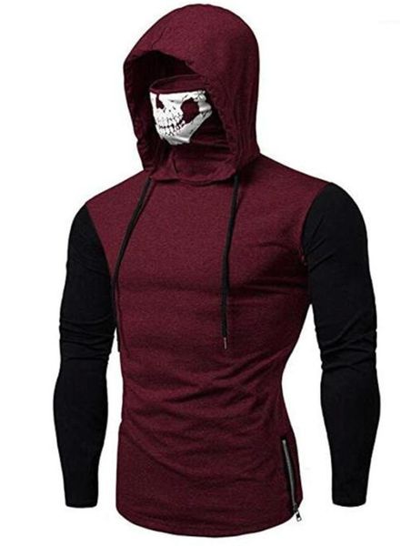 

mens designer long sleeve hooded tshirts fashion zipper mens tees casual males clothing skull covered patchwork, White;black
