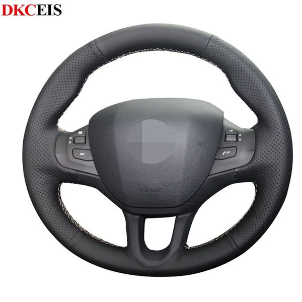 

steering wheel covers hand-stitched black soft pu artificial leather car cover for 408 2012-2014 308 2007-2013