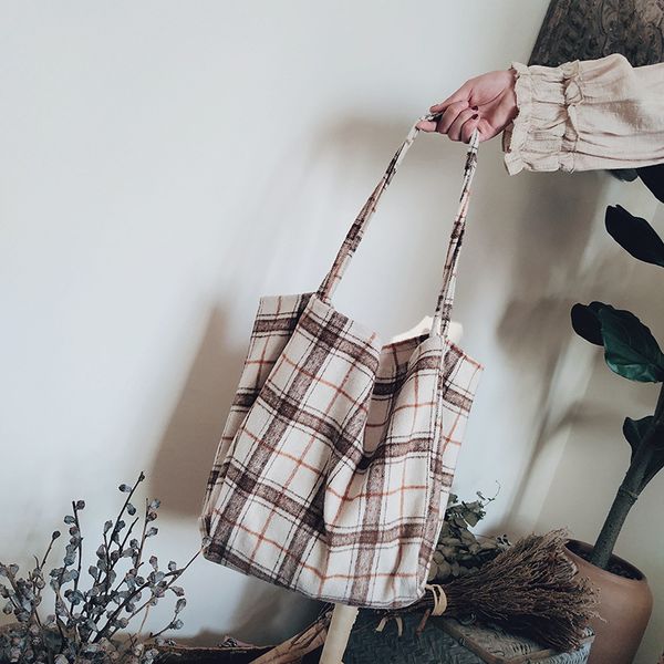 

korean thickened woolen plaid shoulder bag literary retro large capacity bag female student ins women messenger bags