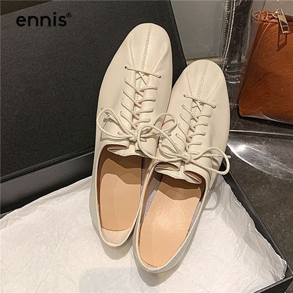 

ennis 2020 women casual shoes genuine leather flat shoes ladies flats breathable lace up flats fashion black beige c0039