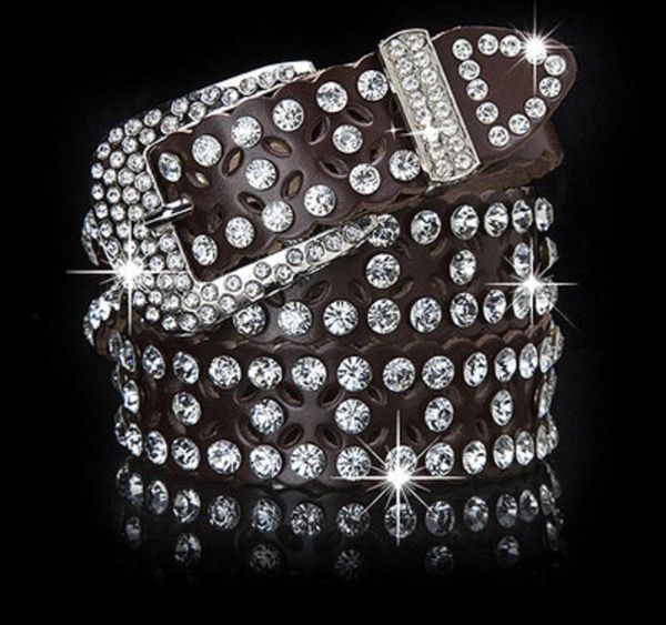 

chocolate coloured hollow genuine leather belt for female women with diamonds zircon fashion luxury designer 110cm 3.604, Black;brown