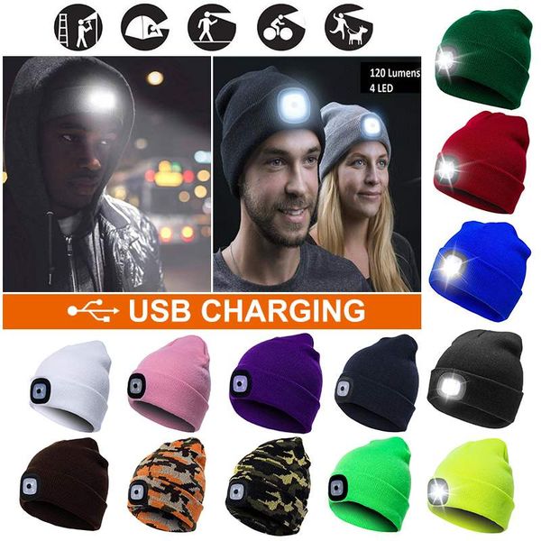

headlamps winter 2 in 1 warm beanies gorro with night light woolen caps led lighting portable outdoor camping running headlamp
