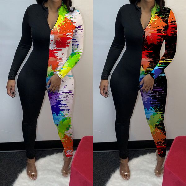 

dropshipping осень женщин дизайнера комбинезоны tie dye printed контраст цвет щитового zipper шея rompers мода женская одежда, Black;white