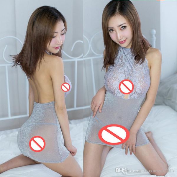 

women's nightclub dress shiny sequins clubwear party dress v neck backless lace open cheast bra perspective lingerie, White;black