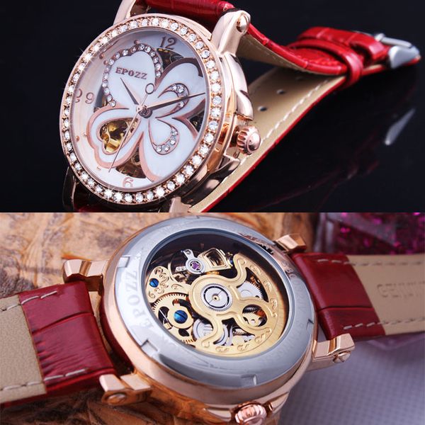 

epozz golden clover hollow automatic mechanical watch luxury women rhinestone genuine leather dress relogio feminino, Slivery;brown