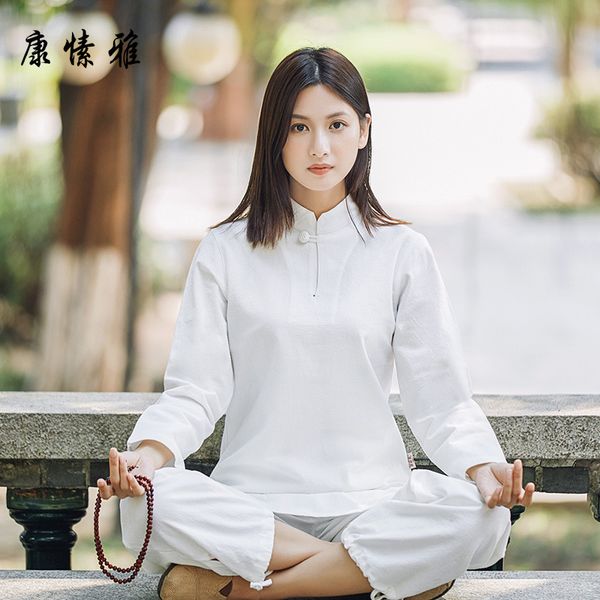 

spring women yoga set cotton linen yoga shirts loose wide leg pants tai chi martial arts kungfu meditation uniforms clothes, White;red