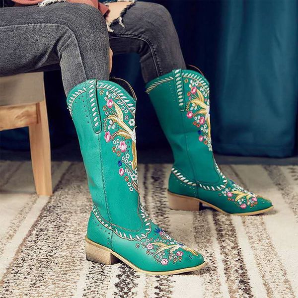 

boots autumn winter women's mid calf vintage leather shoes woman low heel zip embroidered ladies fashion retro women, Black