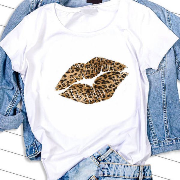 

women's t-shirt big leopard lips printed women short sleeve casual summer funny woman graphic tee shirt, White