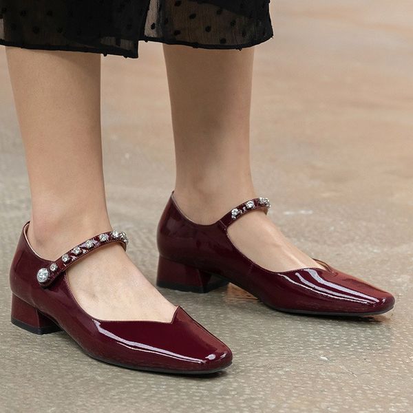 

2020 autumn new chunky square head shallow mouth leather semi-high heeled mary jane women's shoes, Black