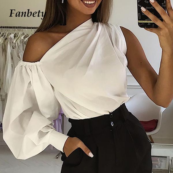 

women elegant one shoulder solid blouse shirt 2020 autumn skew collar pullovers office lady long lantern sleeve blusa, White