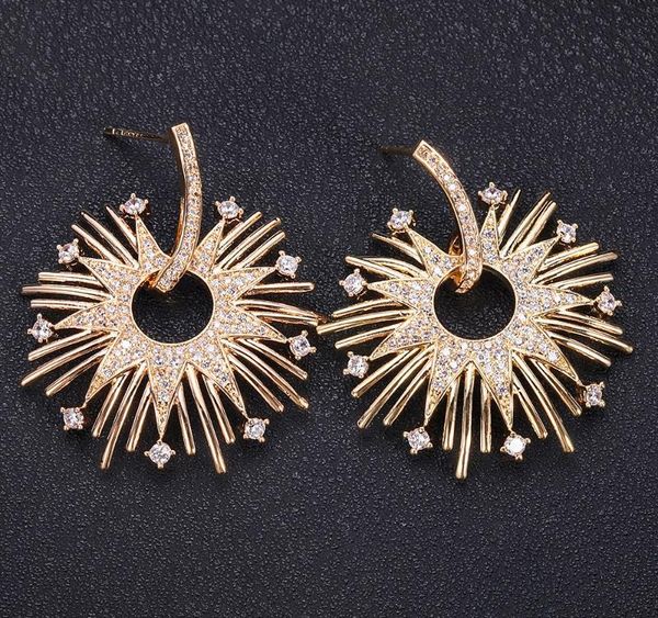

jankelly sun flower shape long earrings cubic zirconia women wedding big earrings002, Golden;silver