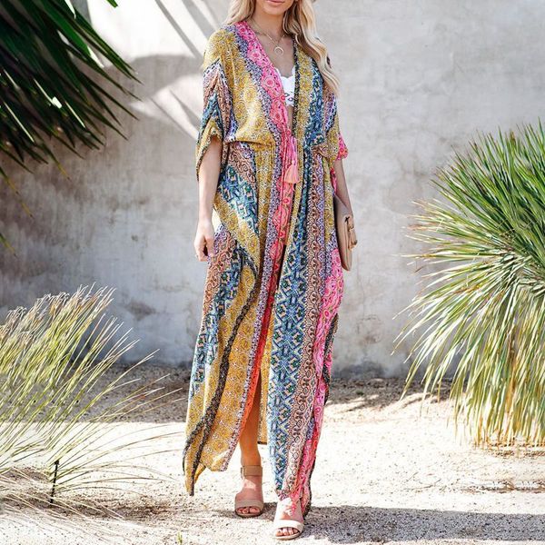 

women open front maxi dress print long robe split belt wrap summer, Black;gray