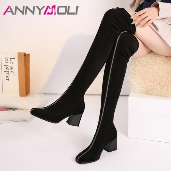 

boots annymoli winter thigh high women genuine leather chunky heel over the knee slim zip square toe shoes lady 34-39, Black