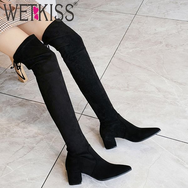 

boots wetkiss high heels women over the knee boot female stretch flock shoes ladies pointed toe cross tied winter, Black