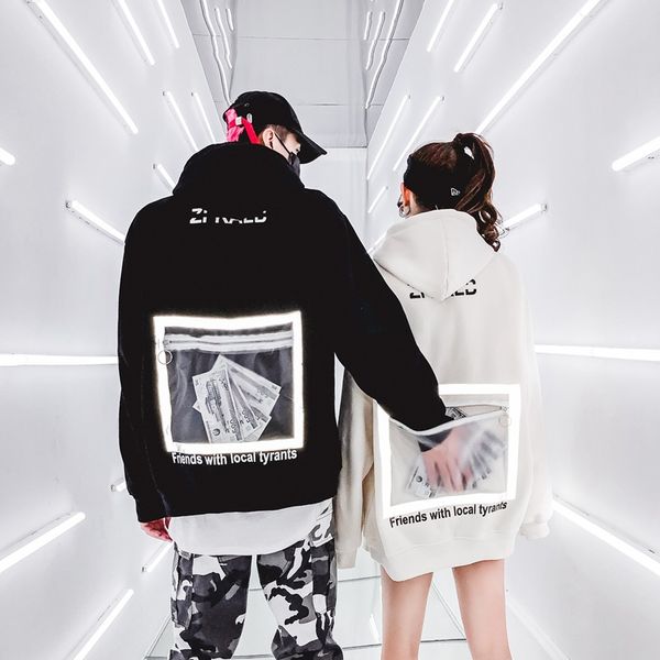 

country hoodies tide autumn and winter plus velvet sweater men and women couple harajuku wind transparent ultra reflecting large pock, Black