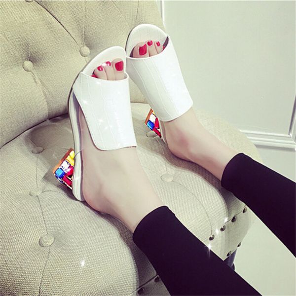 

2020 crystal high heel woman shoes peep toe rhinestone slippers flip flops woman square heel sandals lady slippers footwear, Black