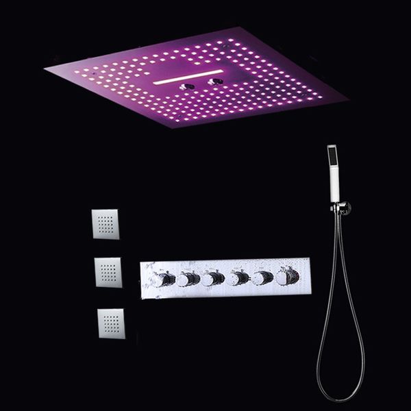 

europe popular design 16" square led electricity big rain shower head faucet set with handle spray 3 body jets thermostat valve