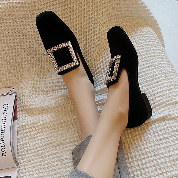 

2020 autumn new thick heel square head deep mouth leather fashion square buckle comfortable women's shoes, Black