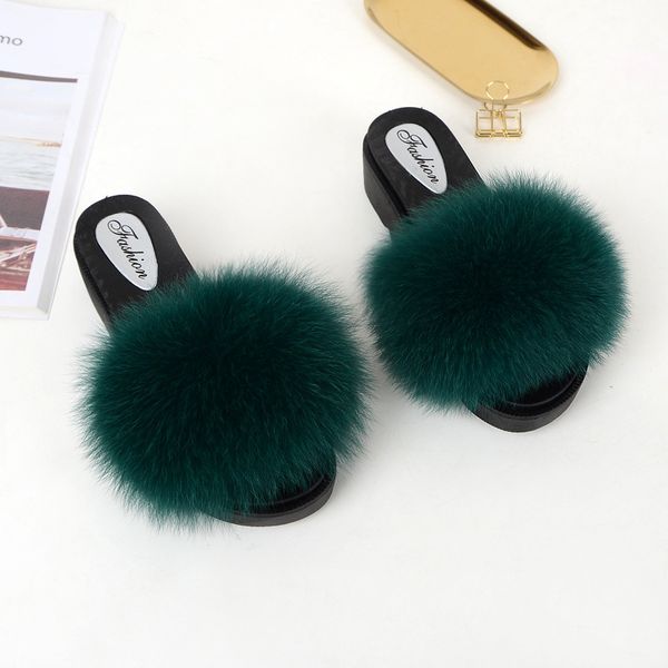 

real fur slippers wedges women slides platform fluffy summer home shoes woman luxury female sandals, Black