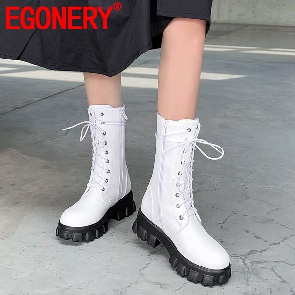 

egonery winter new concise casual mid calf boots outside high heels platform cross-tied zip women shoes drop shipping size 32-45, Black