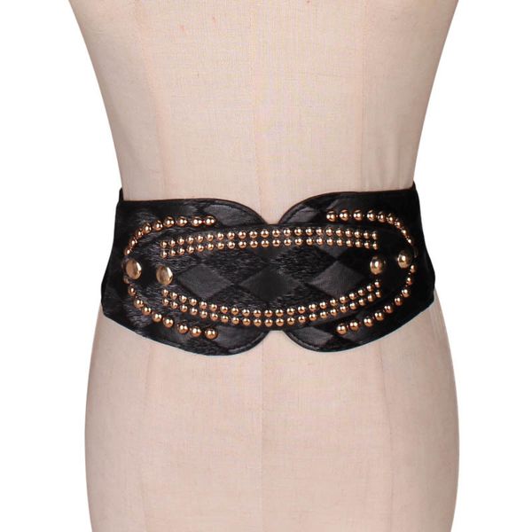 

2020 women's new retro rivets elastic elasticity ultra wide outside with decorative waist seal women, Black;brown