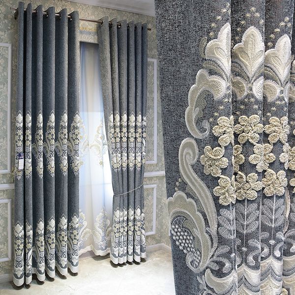 

custom curtains european court embroidered high-end luxury gray cotton linen thick cloth blackout curtain tulle drapes b266