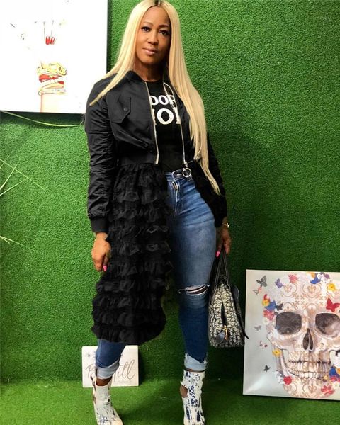 

color coats spring autumn casual womens clothing womens designer long jackets zipper gauze panelled jacket solid, Black;brown