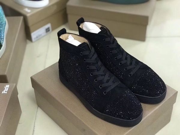 

luxury designer high sneaker men's red bottom casual shoes spikes & strass red sole trainers dress,party,wedding eu35-47,with box, Black