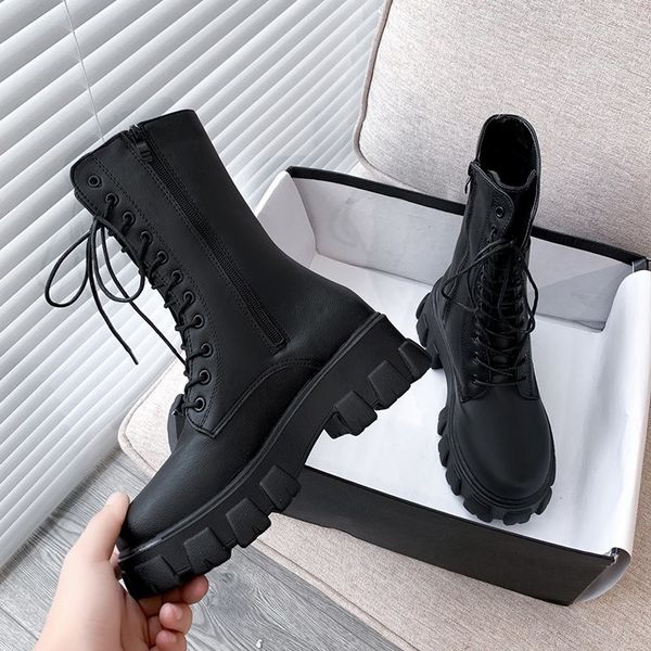 

women white boots autumn fashion black leather platform gothic boots punk combat mid-calf for women snow winter