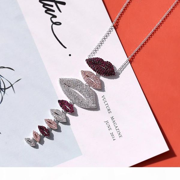 

designer lips necklace women wedding jewelry bling cubic zirconia diamond red lips pendant necklace 2019 new fashion accessories, Silver