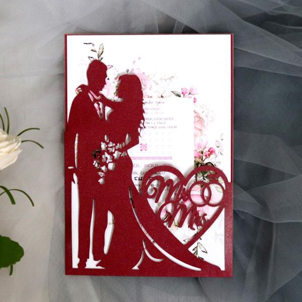 

bride and groom paper cut silhouette laser hollow wedding invitation card with ribbon for wedding party decoration