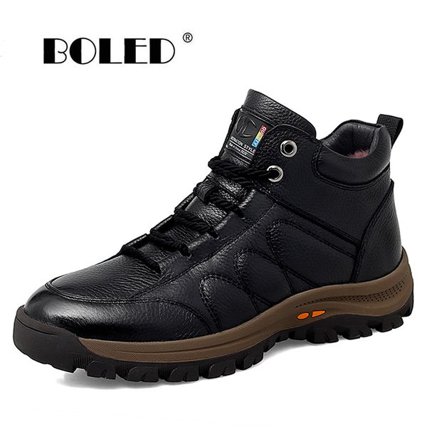 

natural leather winter boots men warm plush ankle snow boots comfortable outdoor shoes men, Black