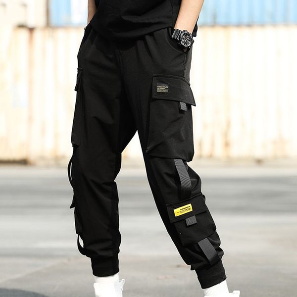 

men streetwear hip hop black harem pants men elastic waist punk pants ribbons casual slim jogger hip hop trousers