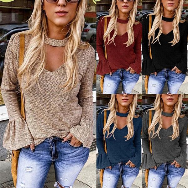 

tees printed long sleeve slim womens clothing tshirts designer v neck womens fashion flared sleeves, White