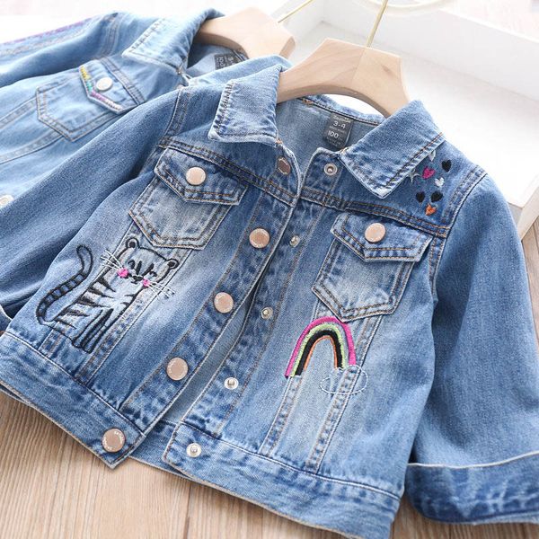 

2020 autumn girl cat rainbow embroidered denim jacket baby wear wholesale, Blue;gray