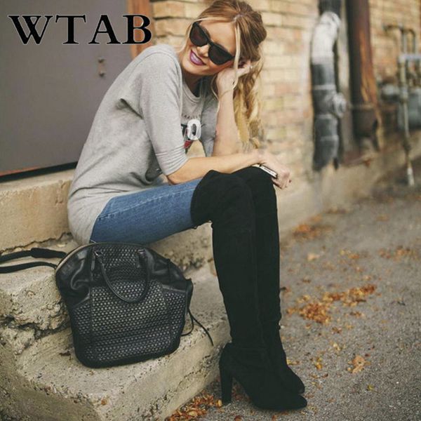 

boots wtab 2021 autumn and winter women plus size pointed toe over-the-knee zippers high heels lace up ladies shoes, Black