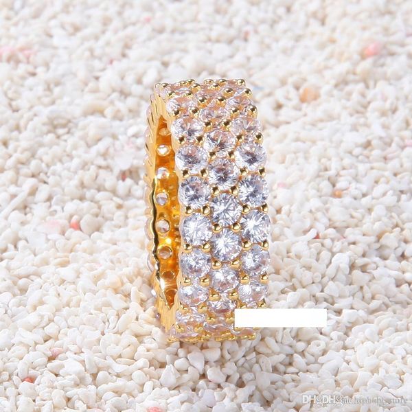 

hip hop bling mens womens jewelry rings gold silver three row zircon diamond engagement iced out rings