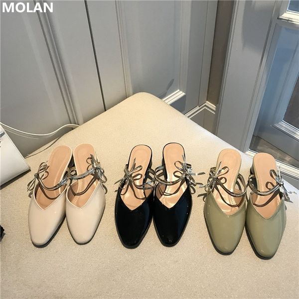 

molan brand design 2020 korean fashoin luxury bling rhinestone crystal shallow flat slipper leather loafers mules flip flops, Black