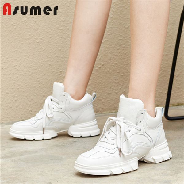 

asumer 2020 genuine leather shoes women sneaker web celebrity dad shoes round toe lace up spring flat casual woman, Black