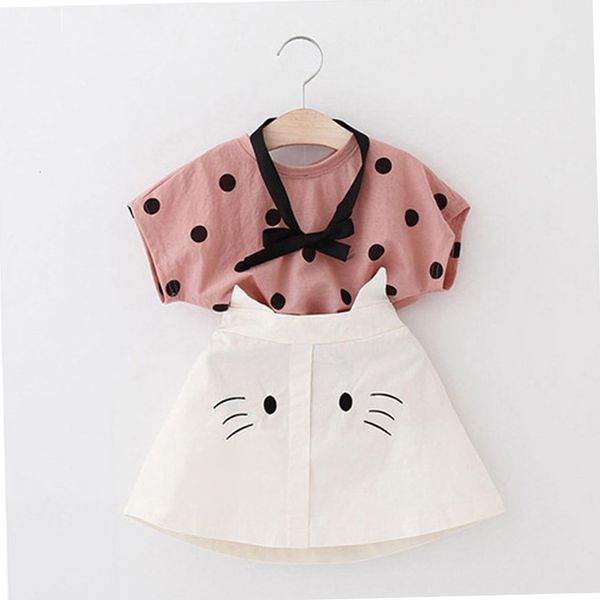 

designer simple lovely 2020 toddler baby girl clothes short sleeve dot print t-shirt cat solid skirt tie 3pcs outfits hot, Pink;blue