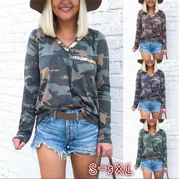 

neck pocket design long sleeve casual female clothing autumn womens designer plus size tshirts camouflage printed v, White